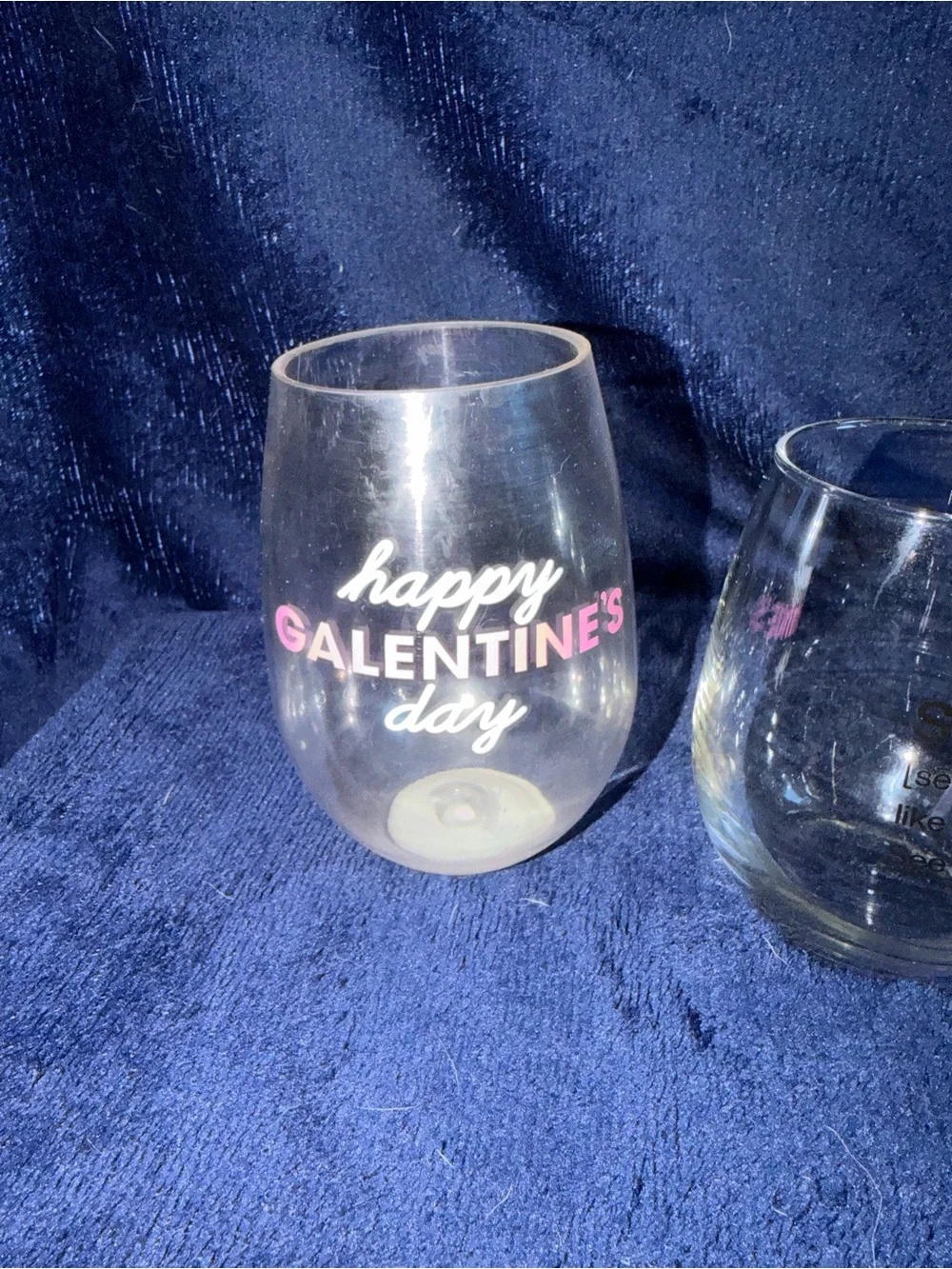 Clear Stemless Wine Glass - 'Happy Galentine's Day' Pink & White Accent